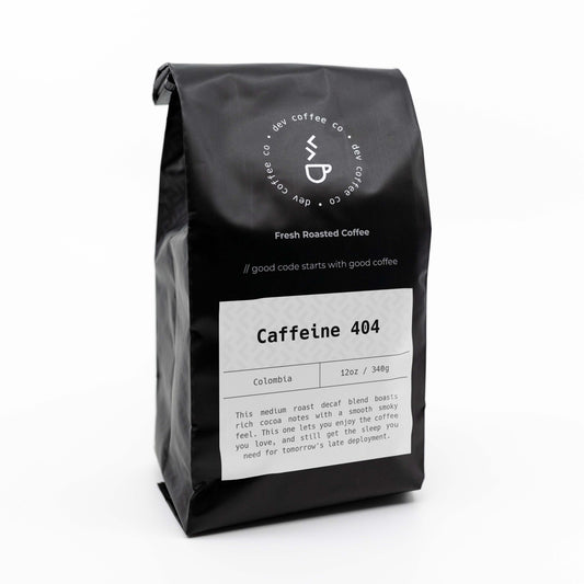 Angle of bag of 12oz "Caffeine 404, Decaf" Premium Coffee from Dev Coffee Co. Good code starts with good coffee.