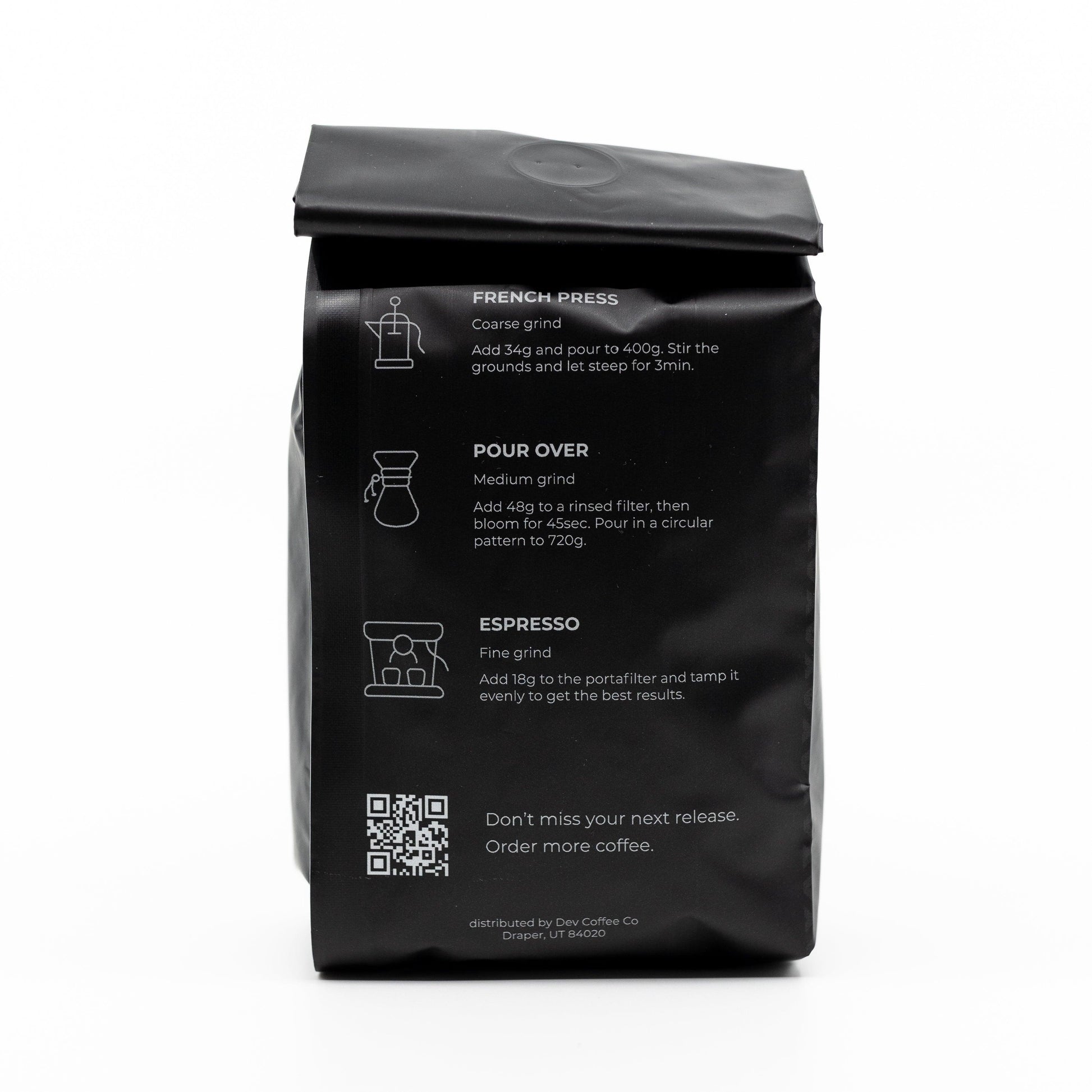 Back of bag of 12oz "Caffeine Driven Development" Premium Coffee from Dev Coffee Co. Coffee preparation instructions.