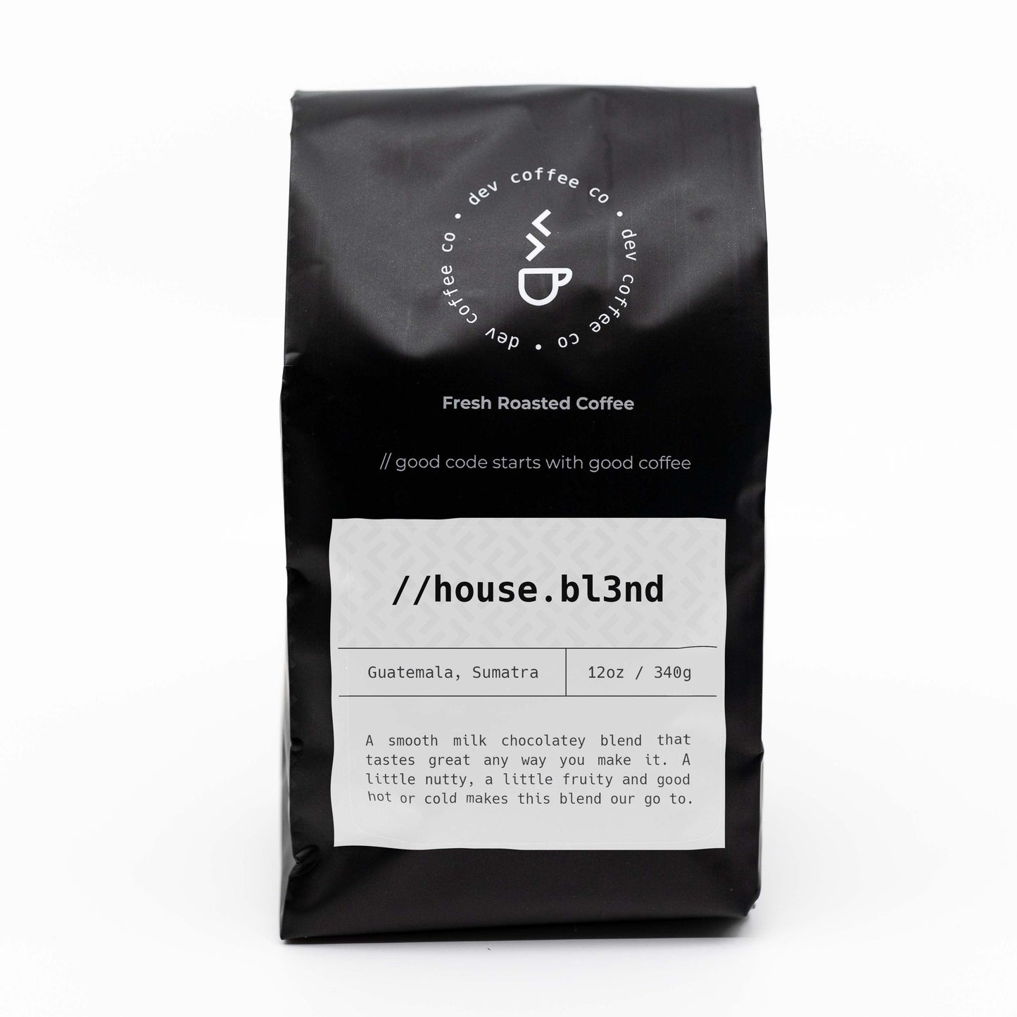 Front of bag of 12oz House Blend Premium Coffee from Dev Coffee Co. Good code starts with good coffee.