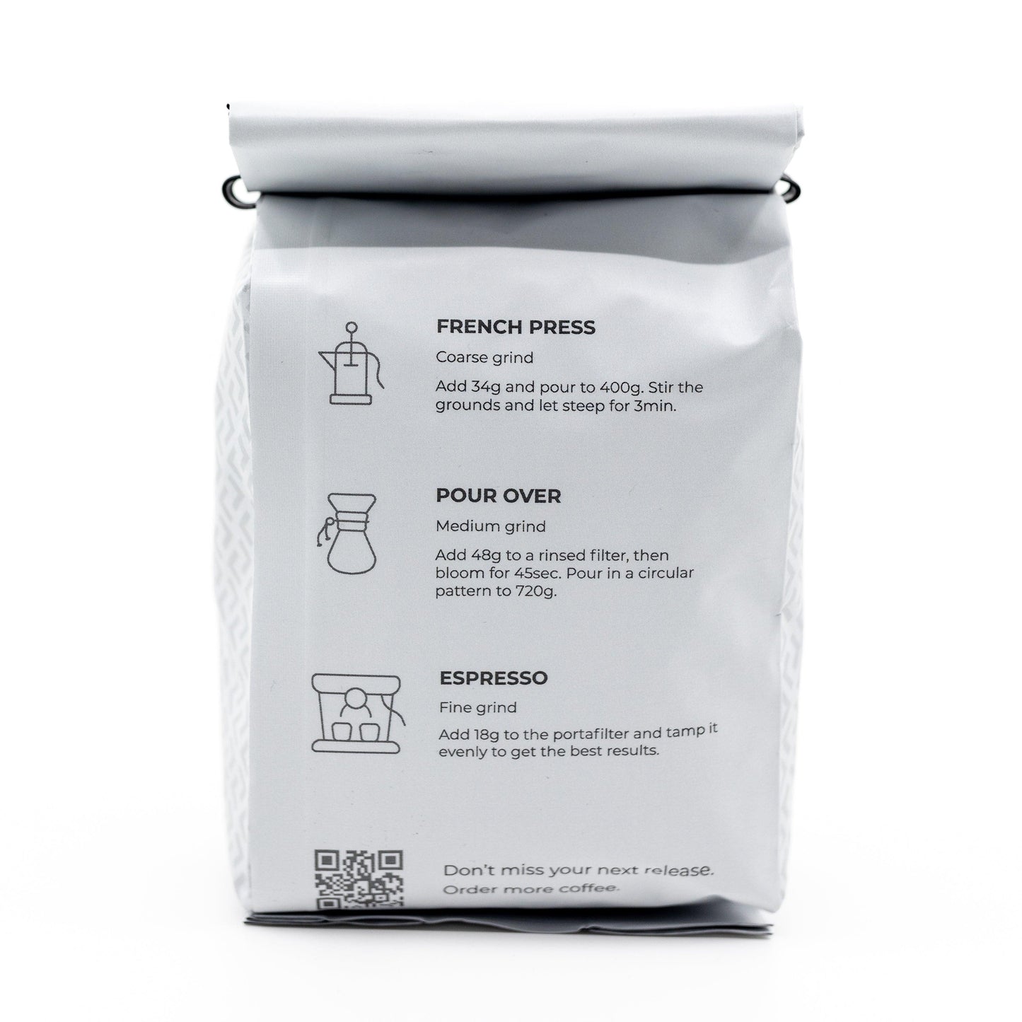 Back of coffee bag with coffee preparation instructions. "Light mode" from Dev Coffee Co.