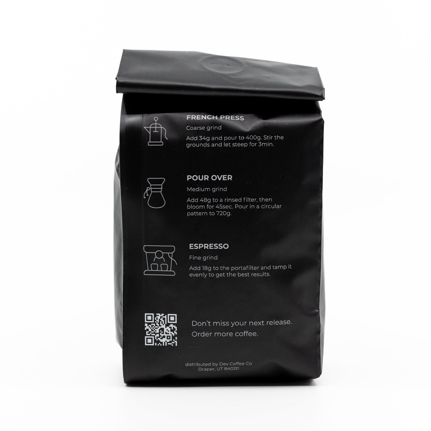 Back of coffee bag with coffee preparation instructions. "Caffeine 404, decaf" from Dev Coffee Co.